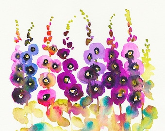 Colorful Hollyhocks Wall Art Print - Watercolor Floral Purple Green Decor Flowers Garden Plants Botanical Bright Bold Colors Rustic