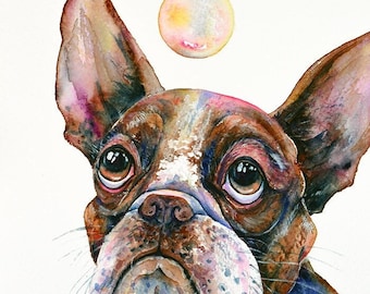 Funny Boston Terrier Puppy Original Watercolor Painting Dog Wall Art American Gentleman Pet Portrait Cute Dogs Puppy Eyes Animals Bubble Art