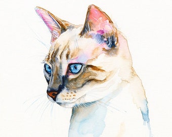 Lynx Point Siamese Kitten Wall Art Print Cat Portrait Watercolor Painting Cats Blue Eyes Pets Animals Tabby Cat Lover Mom Dad Gift Cute Cats