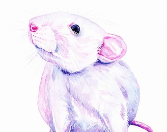 White Rat Art Print Cute Rats Watercolor Rat Painting Pets Fancy Rat Black Eyed White Rat Small Animals Nursery Kids Room Decor Rodents Art