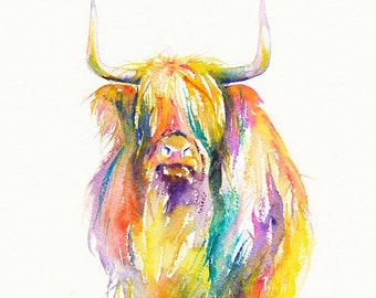 Highland Cow wall art print Schotse Hooglander langharige koe Schotland Boerderijdieren Schattige donzige koe Grappige koe Kleurrijke koe Lange hoorns