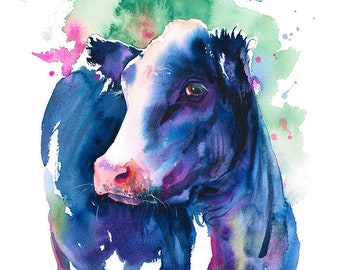 Cow Portrait Wall Art Print Black and White Cow Holstein-Friesian Cattle Farm Animals Rustic Country Colorful Watercolor Cow Farmhouse Decor