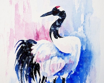日本の鶴の水彩画、オリジナルアート、白黒の鶴の鳥のアートワーク