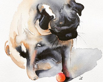 Pug y pelota - Estampado de pug adorable - Pintura en acuarela - Arte de pug - Perro pug - Pugs - Mascotas - Perros - Retrato de mascota - Pug divertido