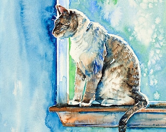 窓の上の猫 5 x 7 アートプリント リンクスポイント シャム猫 水彩画