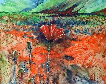 Paisaje de campo de amapolas rojas y verdes Pintura de acuarela original Amapolas Arte de pared Flores silvestres Flores florales Decoración de flores rojas Naturaleza Verano