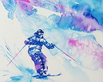 Colorful Skier Art Print Skiing Snowy Mountains Winter Sports Watercolor Painting Snow Christmas Snowy Mountain Landscape Splashes Energy