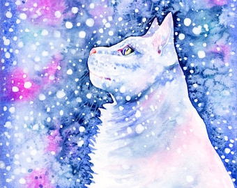 White Cat in Snow Art Print Cats Feline Portrait Christmas Winter Snow Animals Snowflakes Kids Baby Room Nursery Art Cute Kitten Watercolor