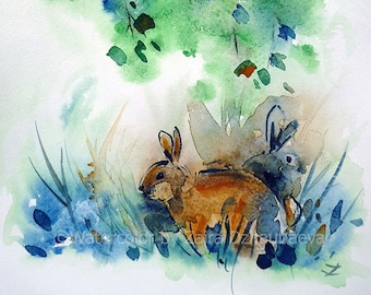 Rabbits Under Tree Original Watercolor Painting Bunny Animals Nursery Wildlife Hare Cute Rabbit Kids Baby Room Children Brown and Green Art