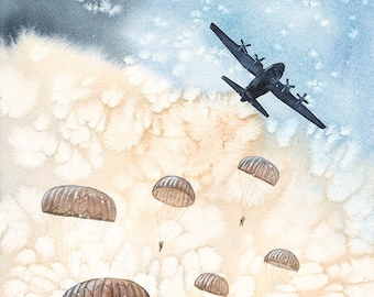 Airborne Art Print Paratroopers Watercolor Painting Parachute Jumps Military Parachutists Hercules Aircraft US Army Division Vintage Style