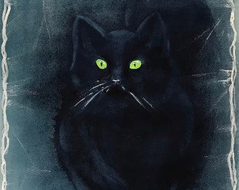 Ritratto del gatto nero Acquerello originale Pittura Gatto dagli occhi verdi Gatti neri Animali domestici Animali felini Gattino Amante del gatto nero Halloween Gatto Arte della parete