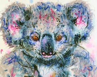 Koala Original Akvarellmålning Färgglad Koala Australien Australiensiskt Vilda Djur Rädda Koalor Söt Koala Barnrum Barnrum Baby