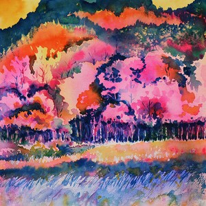 Fall Trees Art Print Autumn Colors Tee Watercolor Painting Colorful Fall Landscape Woods Forest Nature Fall Leaves Bright Vivid Fall Decor