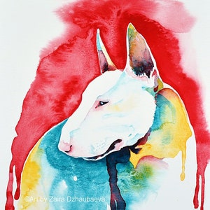 White Bull Terrier Original watercolor painting Dog portrait Abstract dog wall art Red Canine Puppy Colorful Dogs Animals Watercolor dog