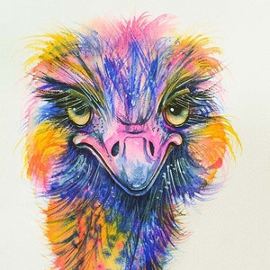 Colorful Rainbow Ostrich Original Watercolor Painting Art Wildlife Bird African Birds Ostriches Vibrant Bold Colors Modern Ostrich Cute Bird