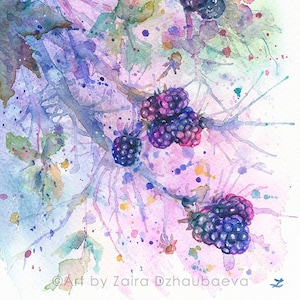 Blackberry Art Print Wild Berries Botanical Watercolor Painting Purple and Green Nature Garden Botanical Plants Black Berries Summer Berry
