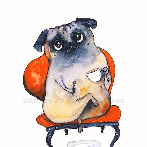 Funny Pug Art Print Pugs Tea Time Cute Dogs Red Chair Aristocratic Tea Cup Raised Pinky Cute Spoon Pets Fawn Pug Mom Dad Gifts Kitchen Decor