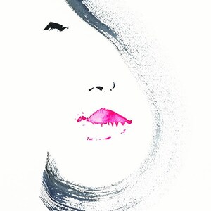 Hot Pink Lips. Original Female Portrait Romantic Woman Original Watercolor Girl Hair Face Eyelashes Beauty Minimalist female portrait Women