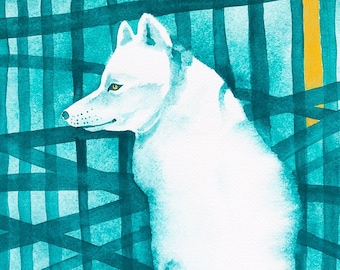 Polar Fox Wall Art Print Watercolor Painting Arctic Fox Snow White Fox Wildlife Winter Animals Teal Yellow Modern Abstract Background Foxes