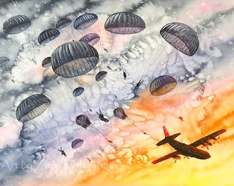 Airborne Art Print Paratroopers Military Parachutists Watercolor Painting Parachute Jumps Hercules Aircraft Plane Sky Sunset Sunrise Clouds