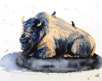American Buffalo Bisonte Originale Acquerello Dipinto Animali Selvatici Natura Boschi Bufalo a Riposo Uccelli Marrone Blu Splatter Rustico Arte Selvaggia