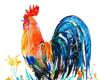 Colorful Rooster 5 x 7" Art print Farm Rooster Cockerel Roosters Farm Birds Thanksgiving Farmhouse Decor Rustic Folk Kids Room Nursery Art