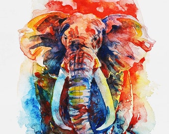 Colorful Bright Elephant 5 x 7" Art Print African Elephant Bold Colors Wildlife Animals Elephants Africa Vivid Splatter Watercolor Elephant