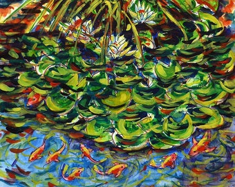 Koi Pond Fish Water Lily Pond Water Lilies Original Watercolor Painting Feng Shui Red and Green Wall Art Nature Relaxing Positive Colorful