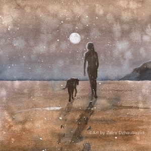 Night Beach Girl Walking with Dog Original Watercolor Painting 9x12" Woman Sand Hand-painted Art Shore Footprints Paw prints Coast Full Moon