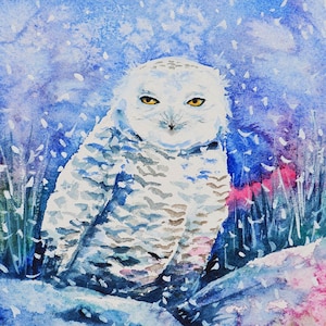 Snowy Owl Winter Landscape Wall Art Print Bird of Prey Polar Owl Watercolor Painting Wildlife White Arctic Owl Nature Blue White Birds Art