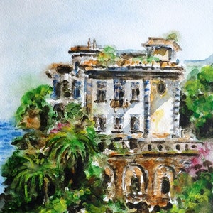 Old Villa Italia 5x7" Arte Impresión Hotel Corallo Sorrento Campania Paisaje Acantilados Mar Palmeras Vacaciones Acuarela Pintura Rústico Mediterráneo