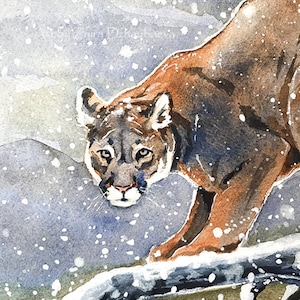 Cougar Wall Art Print Puma Watercolor Painting Big Cats Catamount Mountain Lion Cougar on Tree Snow Gifts for Hunters Wildlife Animals Decor