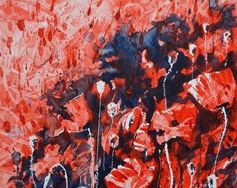 Poppy Flowers Original Watercolor Painting Abstract Poppies Art Red Poppies Floral Red Flowers Poppy Field Red and Blue Floral Landscape Art