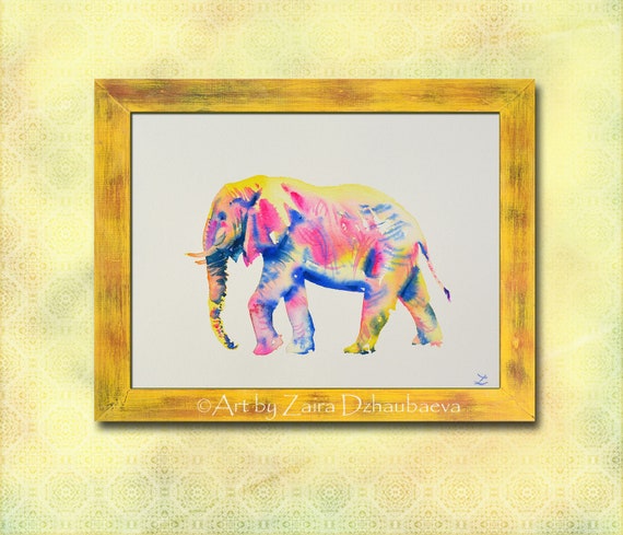 カラフルな象のオリジナル水彩画 レインボー象 風水 野生動物