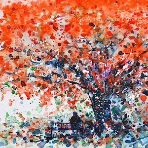 Under the Shade of the Flamboyant Wall Art Print Puerto Rico Royal Poinciana Flamboyant Trees Bright Red Orange Tree Man on Bench Fall Art