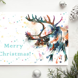 Colorato Natale Renne Carte Set di 3 Buon Natale Inverno Cervo Neve Cervo Corna Splatter Gioia Allegro Felice Dasher Santa Renna
