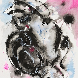 Black and White Cat Sleeping Original watercolor and ink painting Cats Feline Pet portrait Watercolor cat Nursery art decor Bedroom wall art