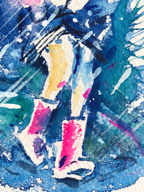 雨の中でピンクの傘をさす少女 オリジナル水彩画 雨の日 雨が降る傘