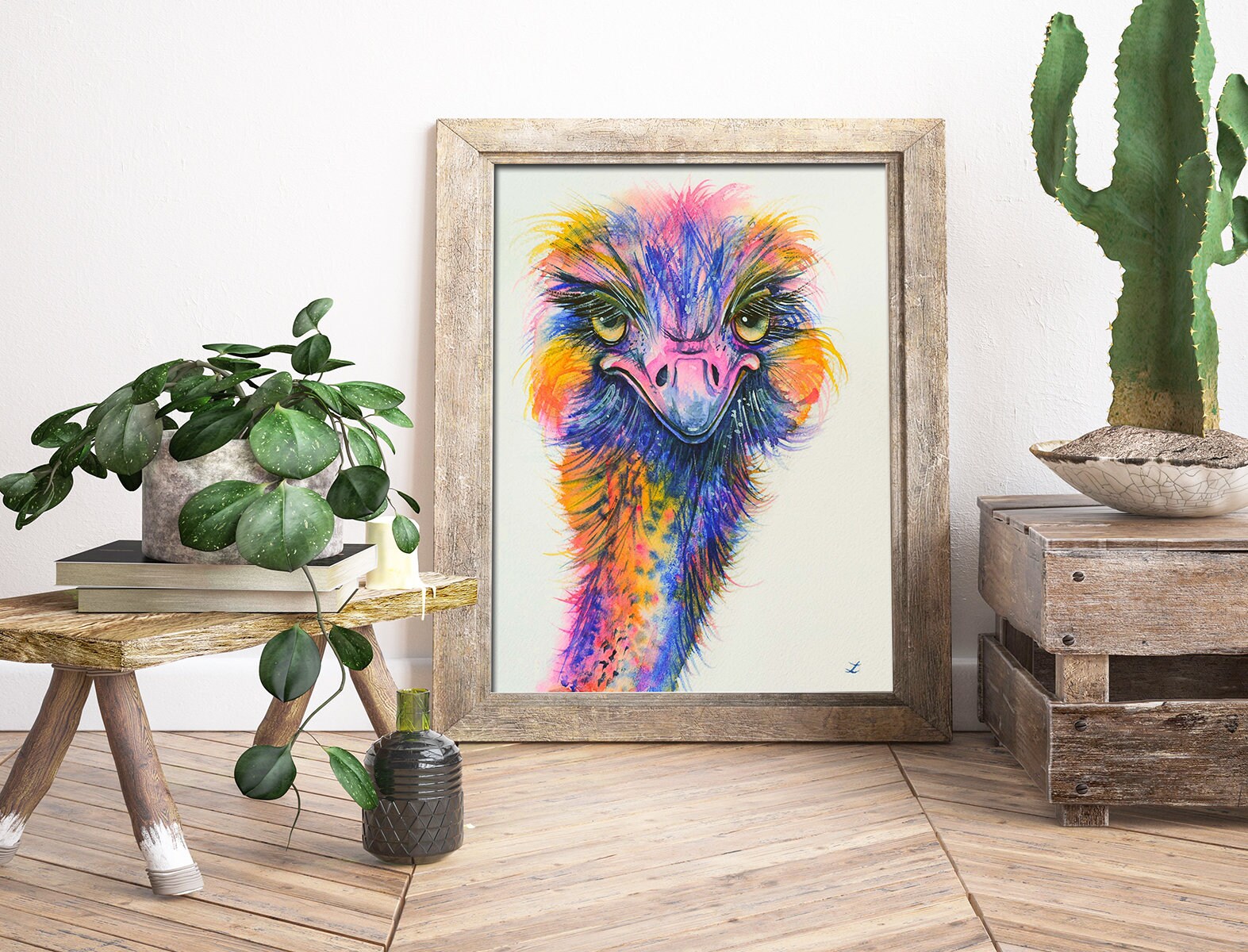 カラフルなレインボーダチョウオリジナル水彩画アート野生動物鳥