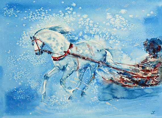 一頭の馬がそりを開けてクリスマスのアートプリント、白い馬の 一頭の馬がそりを開けてクリスマスのアートプリント、白い馬の