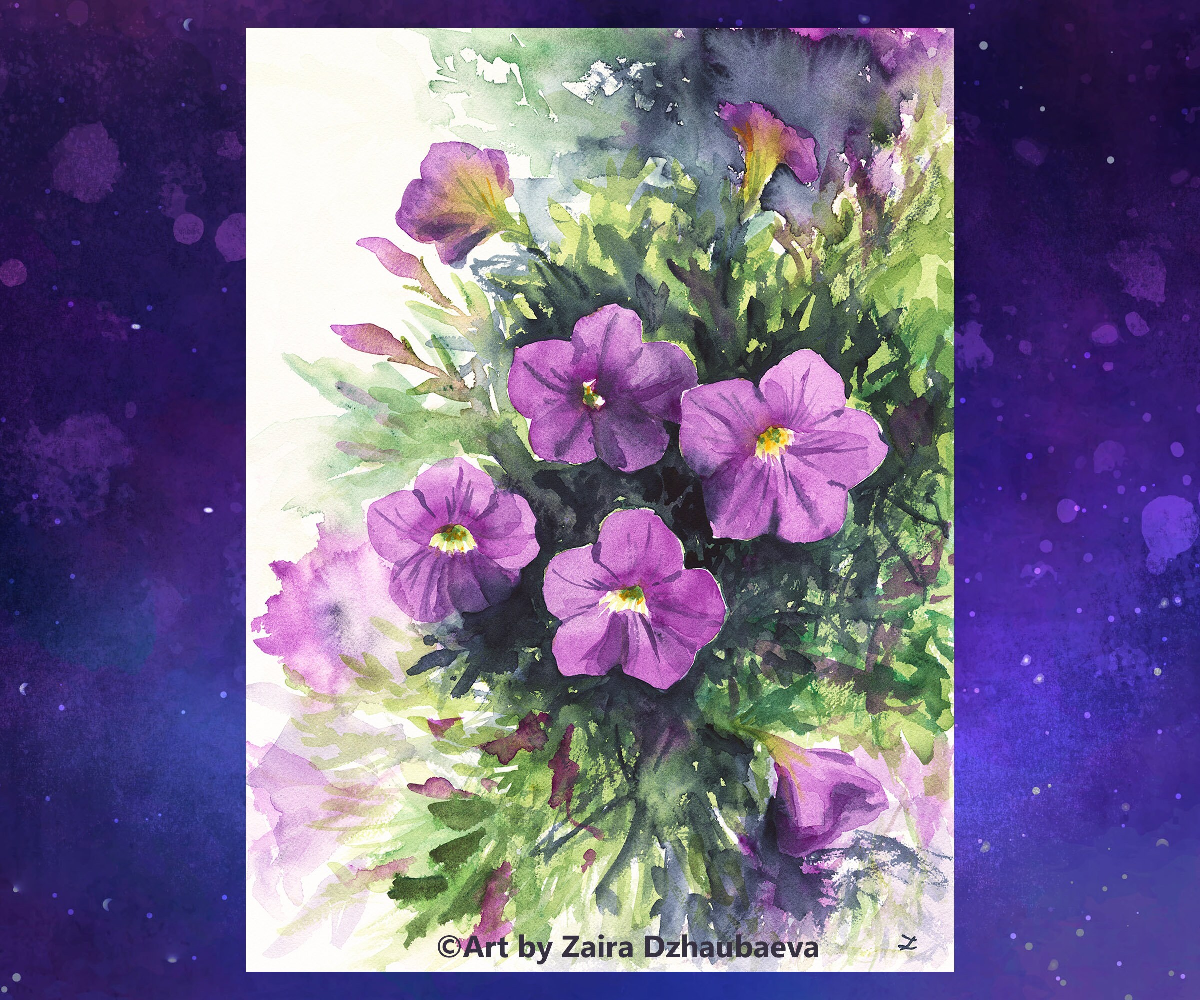 紫のペチュニア オリジナル水彩画 紙に描いた花の壁アート ペチュニア