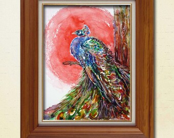 カラフルな孔雀のオリジナル水彩画 孔雀の木 エキゾチックな鳥 赤と青