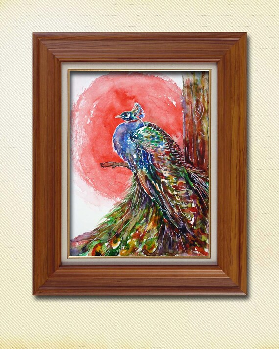 カラフルな孔雀のオリジナル水彩画 孔雀の木 エキゾチックな鳥 赤と青