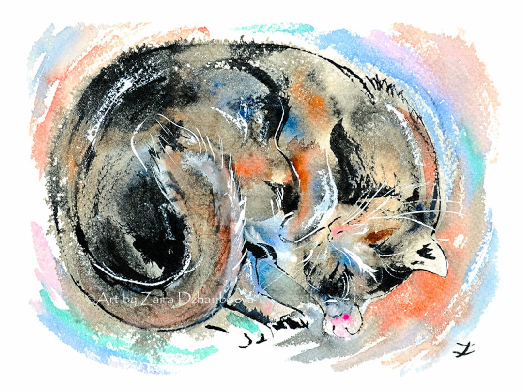Sleeping Tortoiseshell Cat Wall Art Print Tortie Cat Watercolor