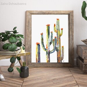 May include: A watercolor painting of a group of cacti with orange flowers. The cacti are painted in shades of green, blue, and yellow. The background is white.