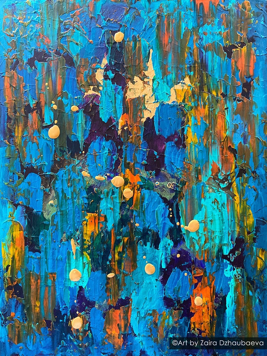 Colorful Original Abstract Acrylic Painting Teal Blue Orange Gold