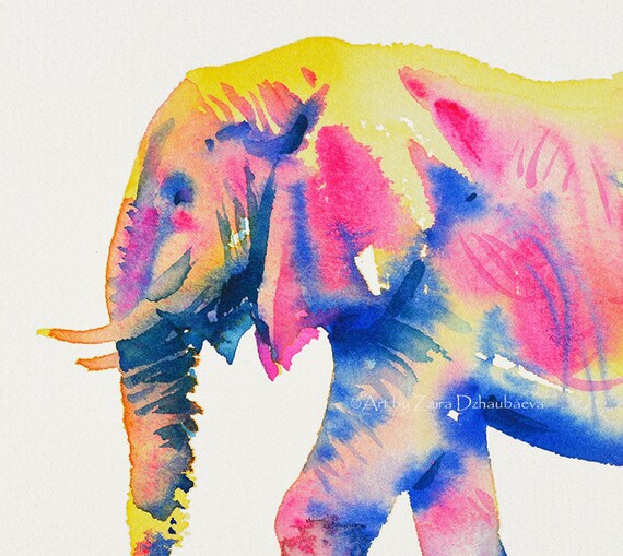 油絵風水彩画の販売】象（elephant）の『水彩画』。サイズはA3（縦
