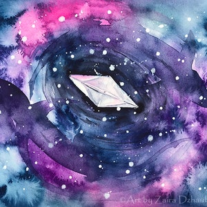Barco de papel origami Pintura em aquarela original Roxo Azul Arte de parede Seascape Barco flutuante Oceano Ondas de água Tubarões Arte náutica marinha