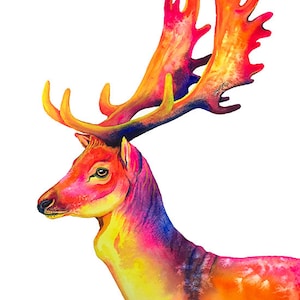 Daino Originale Colorato Acquerello Dipinto Fauna Selvatica Arte Murale Cacciatore Rosso Cervo Maschio Arancione Viola Corna Caccia Vibrante Arte Murale