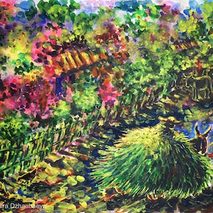 Colorful countryside scene with donkey hay cart, rooster, chickens, cows, greenery Original watercolor painting Rustic home decor Nature art